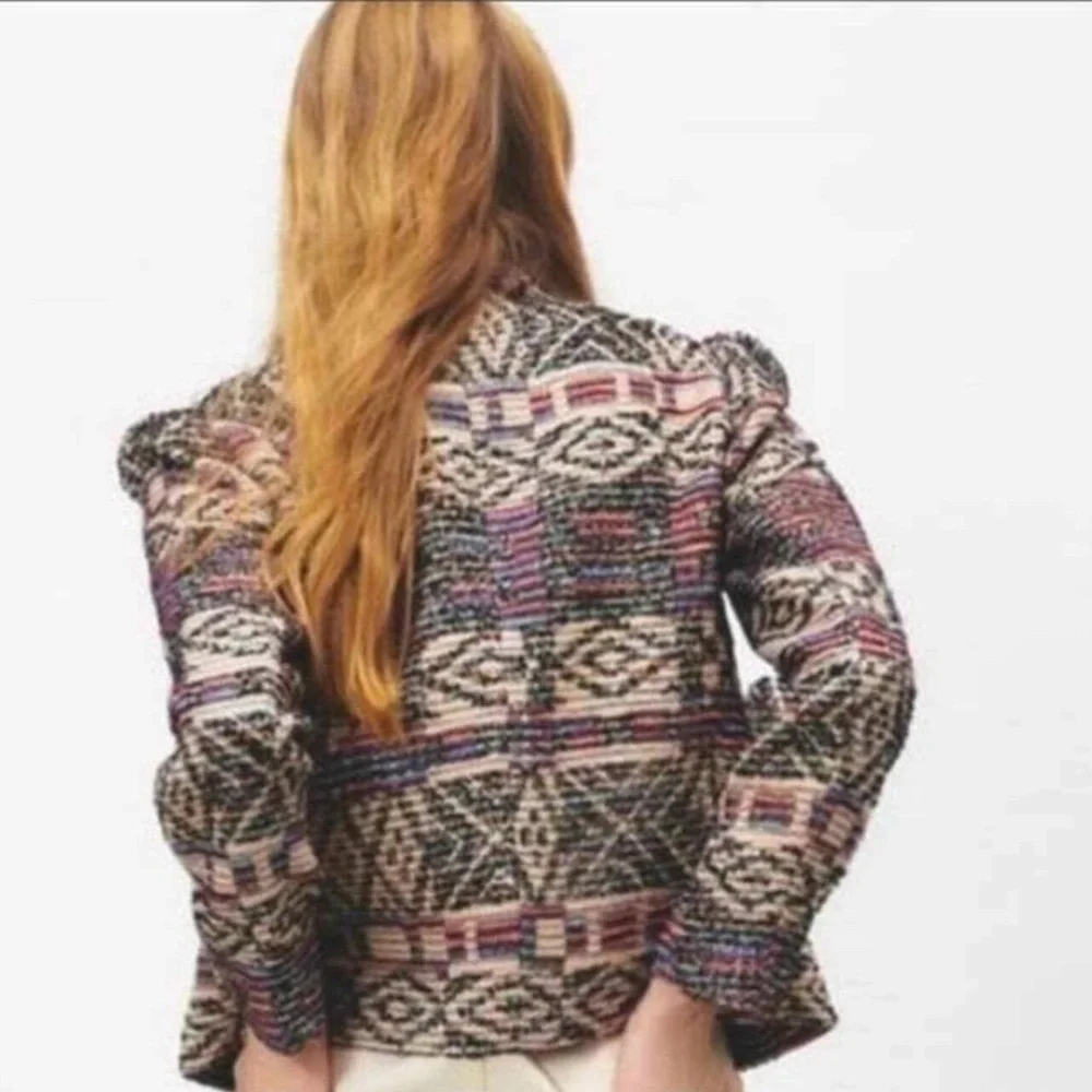 New  Zara Jacquard Jacket Wool Cotton Blend Round Collar Cropped Multicolor XS - Picture 2 of 11